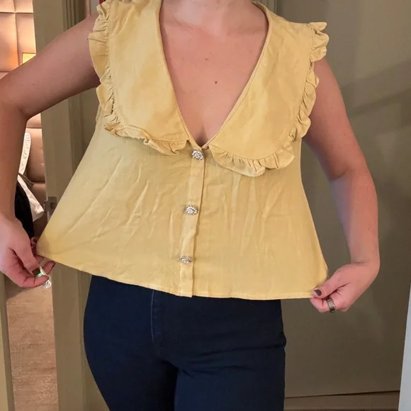 Yellow Ruffle Button-Up Women's Top - Picture 2 of 5